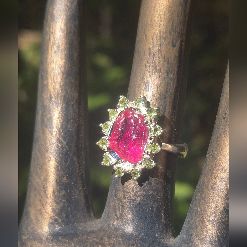 Ruby Raw Natural 14k & Peridot Gemstone Sterling Ring Sz7.75 - Picture 3 of 9